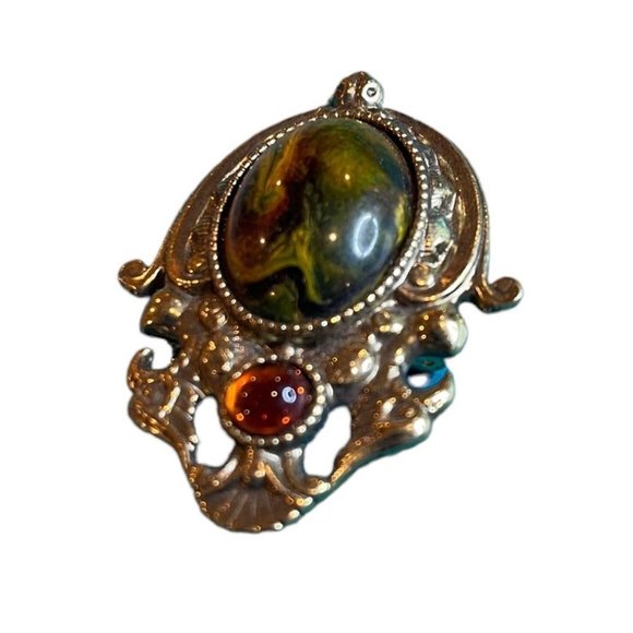 Vintage Baroque Ornate Brooch Pin Goldtone Oval and Round Cabachon Faux Stones 2 - Picture 5 of 5